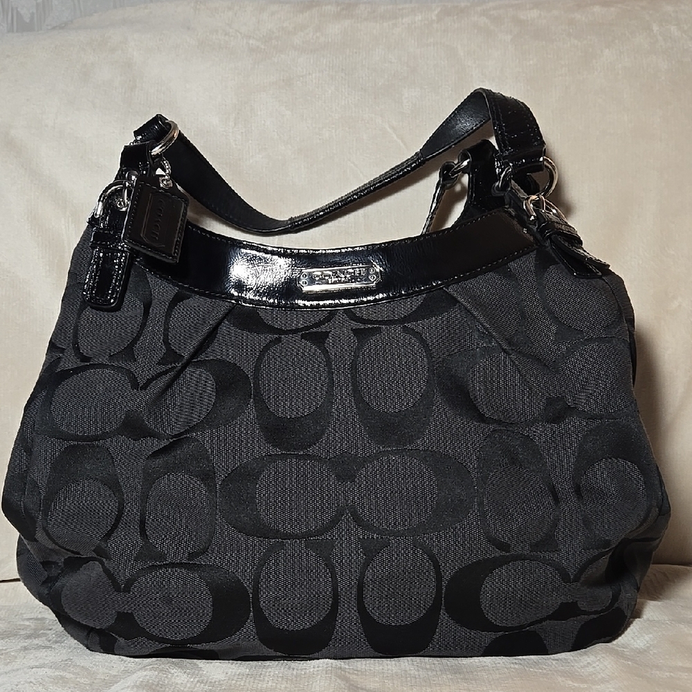Coach Black Leather And Cloth Signature Shoulder Bag